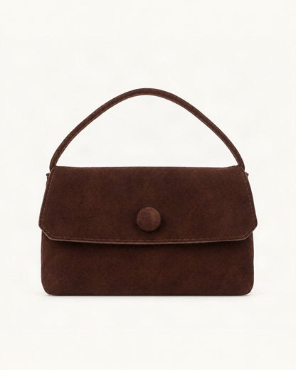 Suede Lambskin Mini Shoulder Bag with Button Flap — straight-on front view on a warm white background