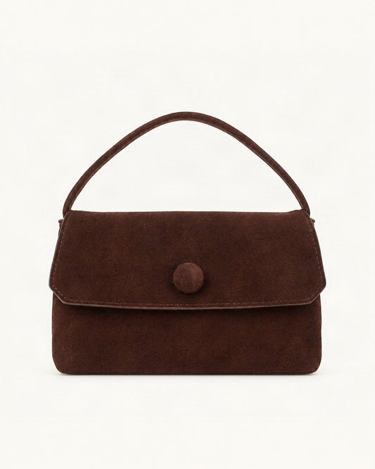 Suede Lambskin Mini Shoulder Bag with Button Flap — straight-on front view on a warm white background
