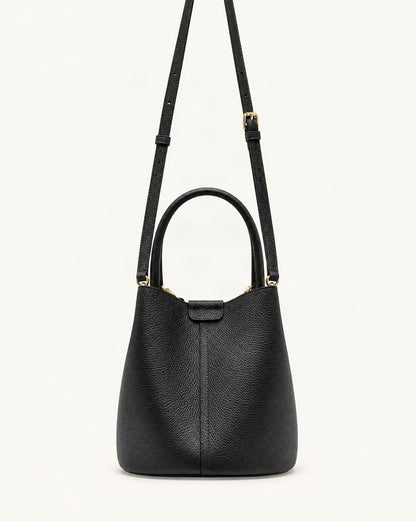 Top-Grain Cowhide Mini Bucket Bag — straight-on front view on a warm white background