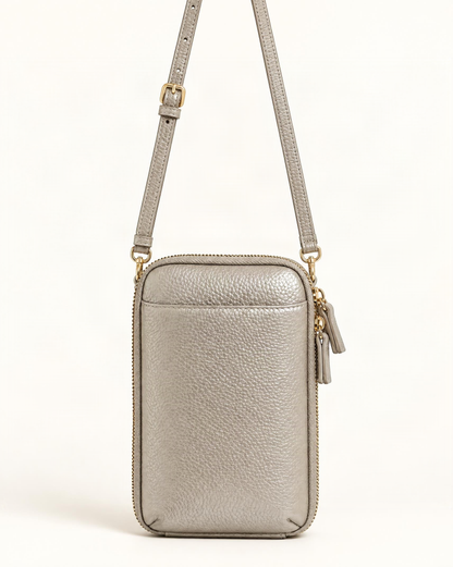 Cowhide Leather Phone Crossbody with Card Slots — straight-on front view on a warm white background