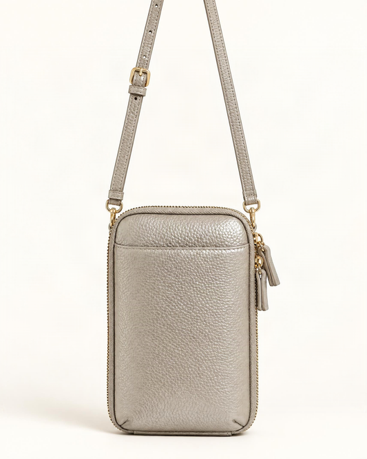 Cowhide Leather Phone Crossbody with Card Slots — straight-on front view on a warm white background