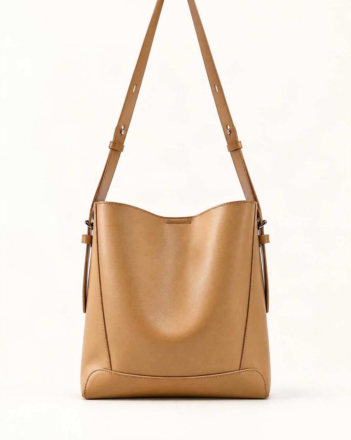 Genuine Leather Bucket Bag - Small Capacity Crossbody — straight-on front view on a warm white background