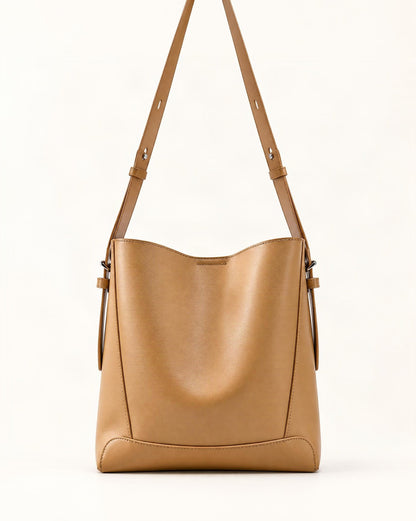 Genuine Leather Bucket Bag - Small Capacity Crossbody — straight-on front view on a warm white background