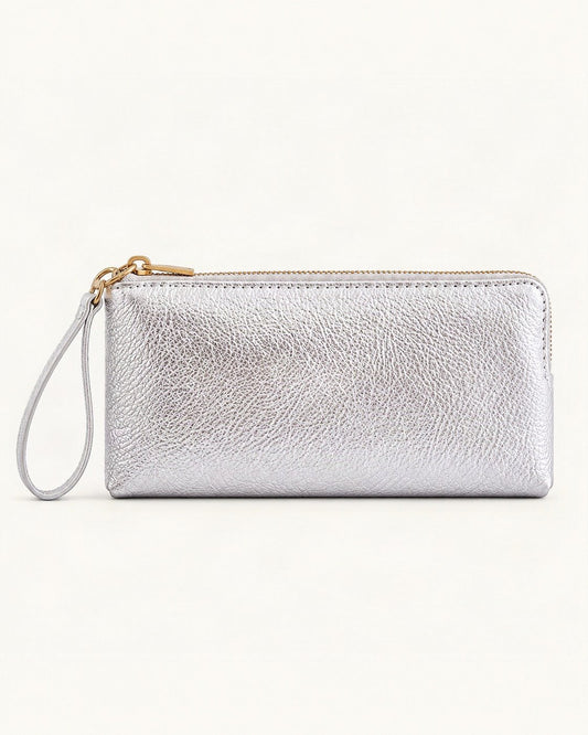 Cowhide Leather Long Wallet with Wrist Strap — straight-on front view on a warm white background