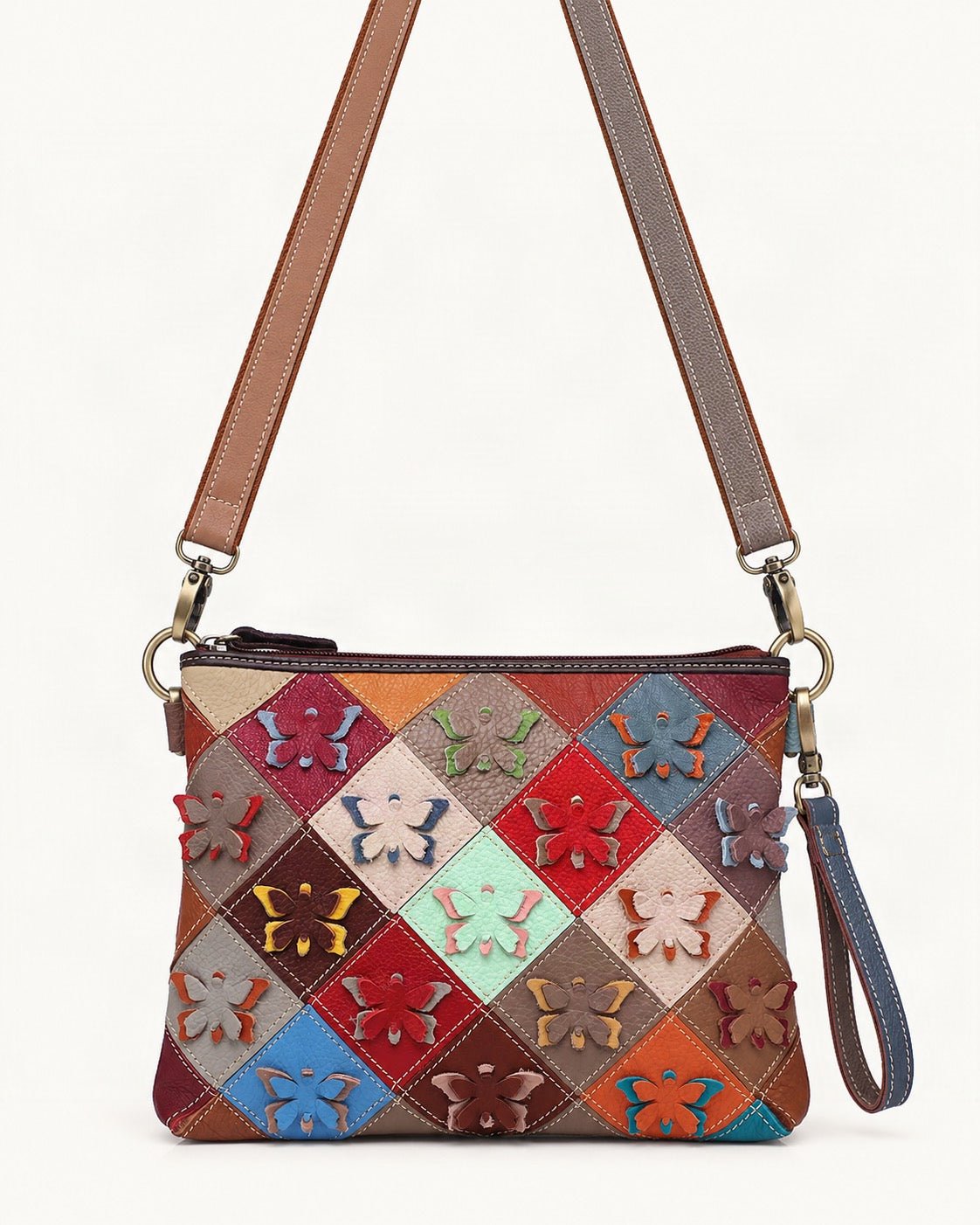 Top-Grain Cowhide Small Shoulder Bag – Multicolor Patchwork — straight-on front view on a warm white background