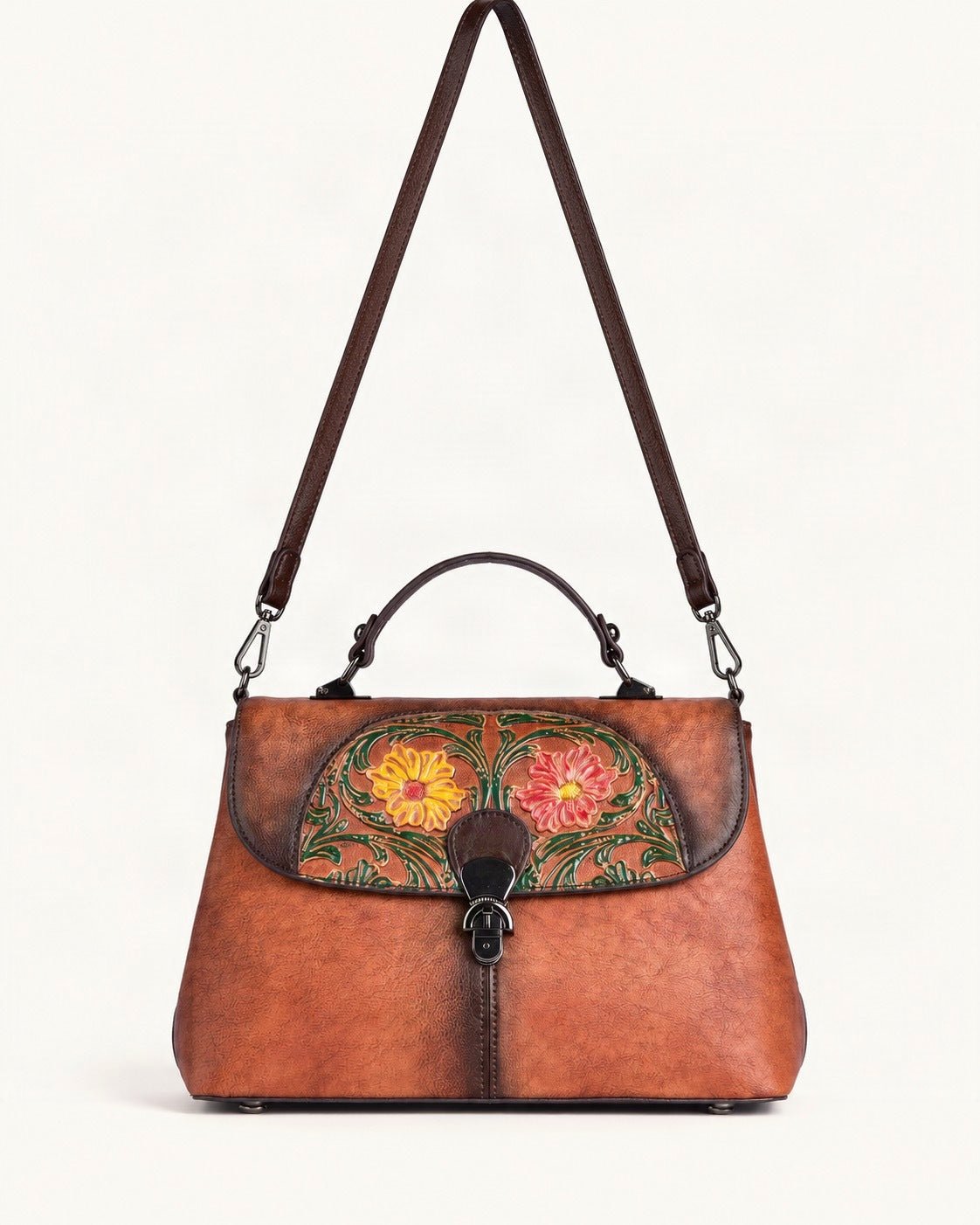 Top-Grain Cowhide Top-Handle Crossbody Bag — straight-on front view on a warm white background