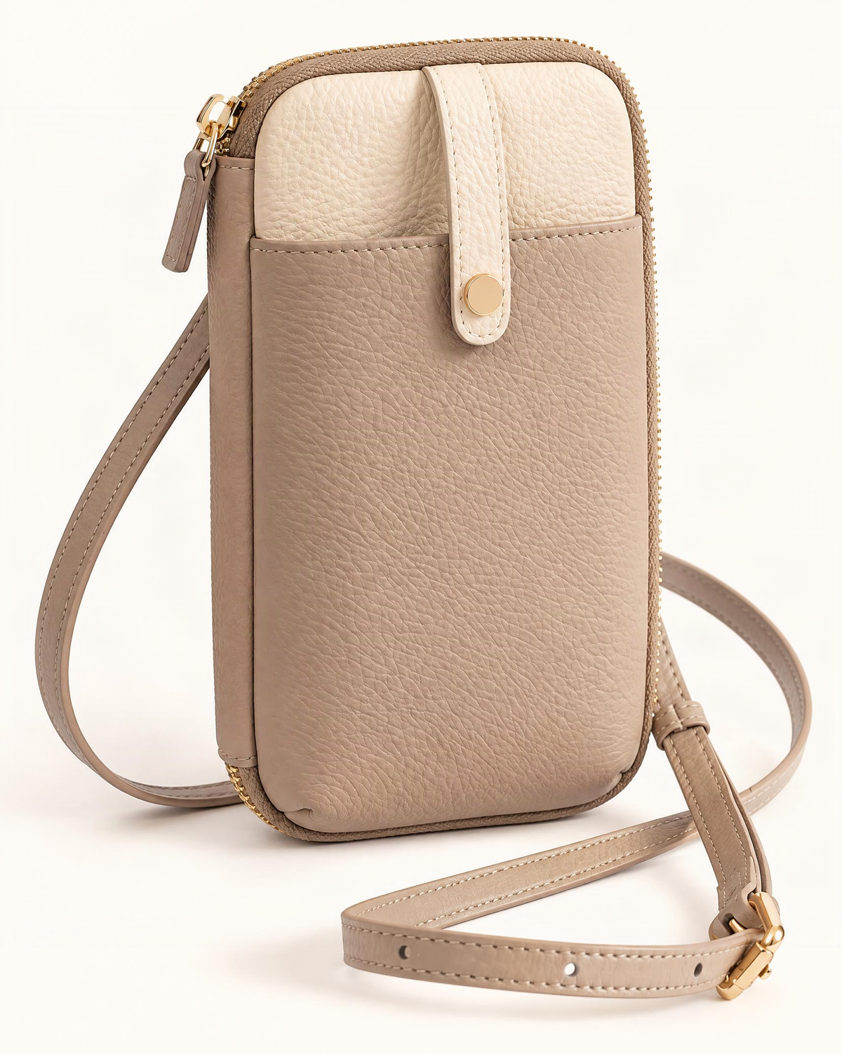 Cowhide Leather Micro Crossbody Phone Bag with Card Slots — front three-quarter view on a warm white background