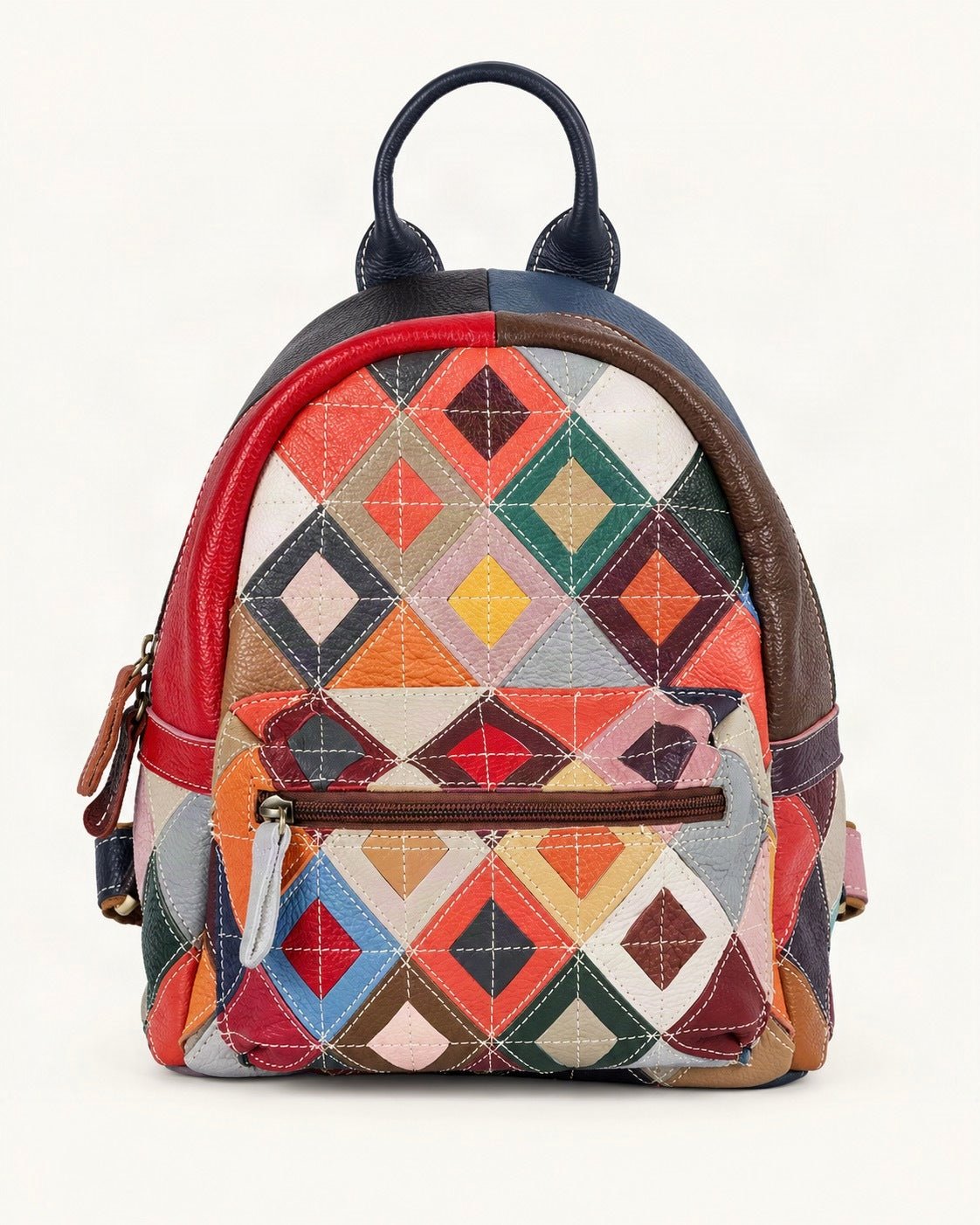 Top-Grain Cowhide Patchwork Backpack — straight-on front view on a warm white background