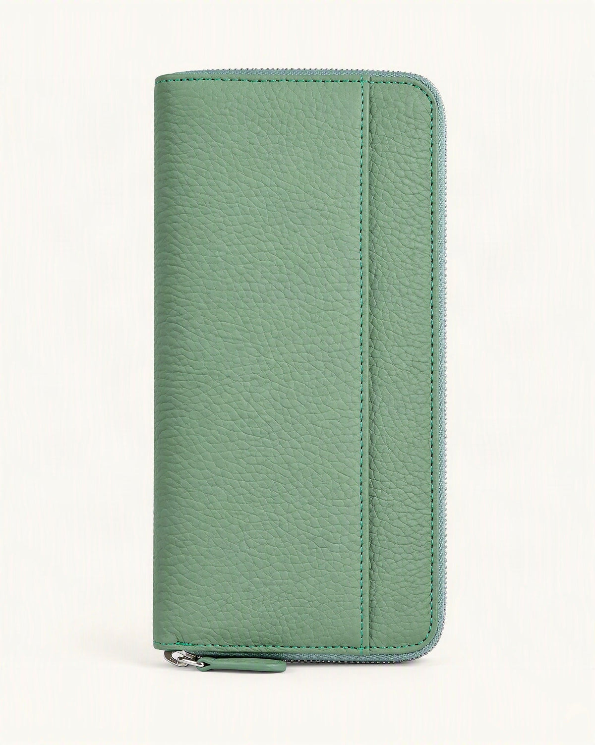 Leather Long Zip Clutch RFID Wallet — straight-on front view on a warm white background