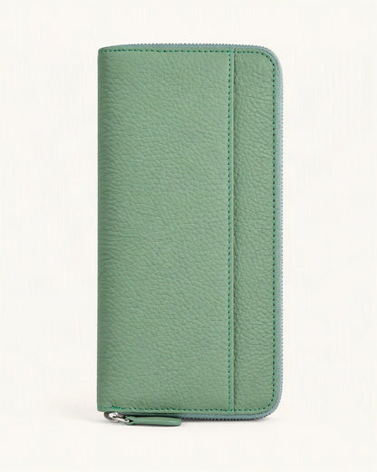 Leather Long Zip Clutch RFID Wallet — straight-on front view on a warm white background