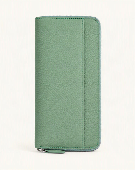 Leather Long Zip Clutch RFID Wallet — straight-on front view on a warm white background