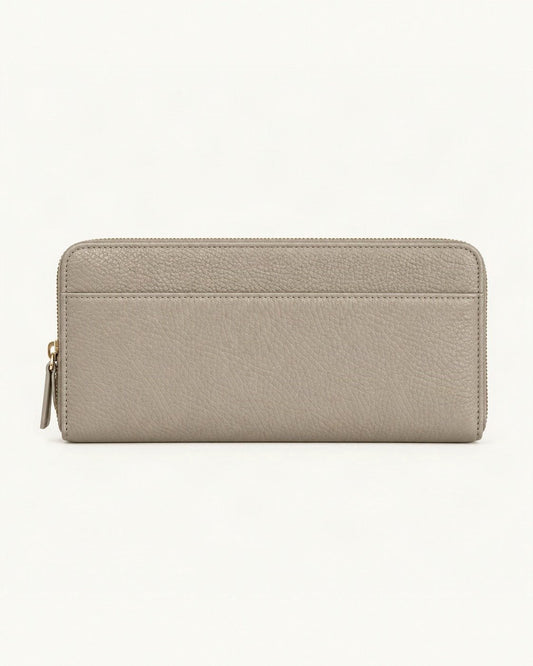 Top-Grain Cowhide Zip-Around Long Wallet with RFID Blocking — straight-on front view on a warm white background