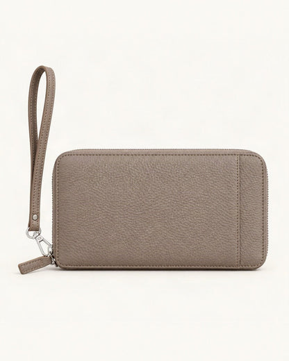 Genuine Leather RFID Passport Holder Wallet with Wrist Strap — straight-on front view on a warm white background