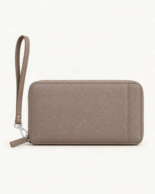 Genuine Leather RFID Passport Holder Wallet with Wrist Strap — straight-on front view on a warm white background