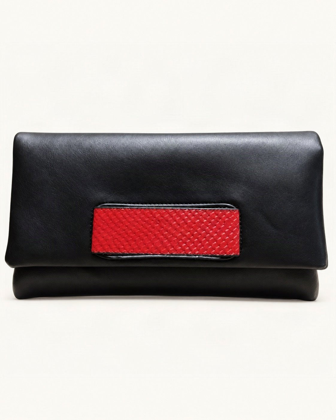 Cowhide Envelope Clutch Bag — straight-on front view on a warm white background