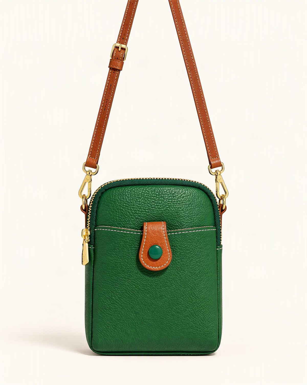 Cowhide Micro Crossbody Phone Bag with Detachable Strap — straight-on front view on a warm white background