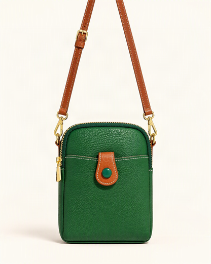 Cowhide Micro Crossbody Phone Bag with Detachable Strap — straight-on front view on a warm white background