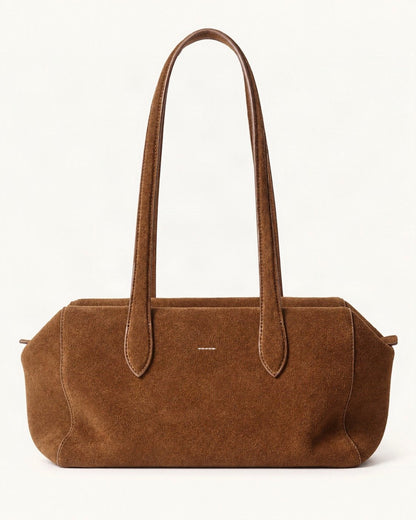 Suede Cowhide Small Plus Shoulder Tote Bag — straight-on front view on a warm white background