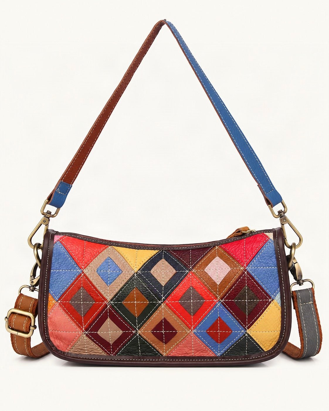 Top-Grain Cowhide Geometric Patchwork Shoulder Bag — straight-on front view on a warm white background