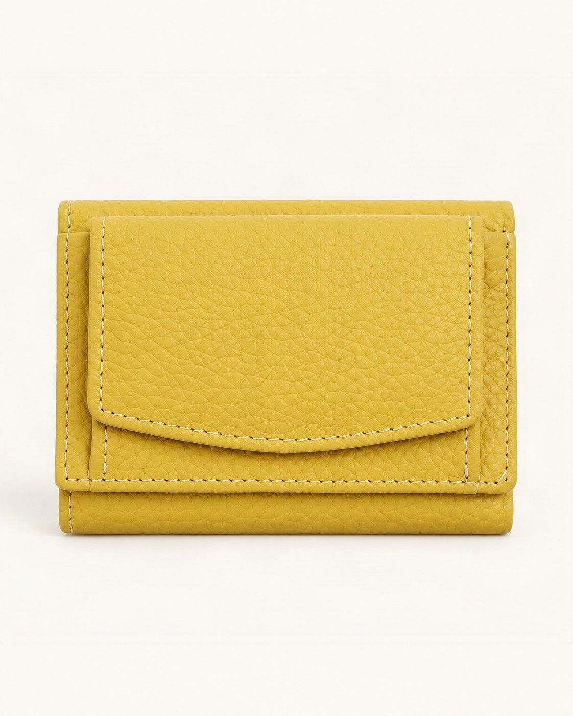 Cowhide Tri-Fold RFID-Blocking Wallet — straight-on front view on a warm white background