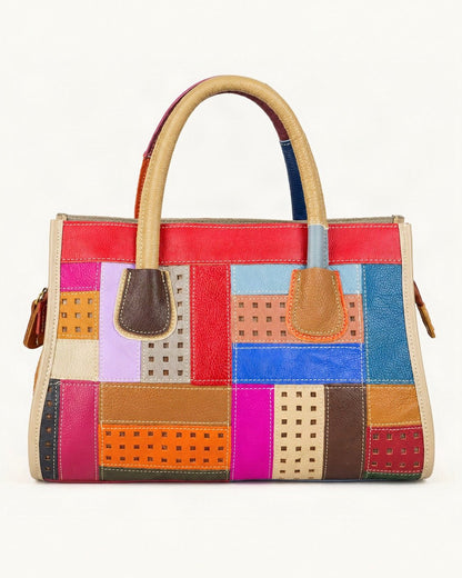 Top-Grain Cowhide Small Plus Patchwork Shoulder Bag — straight-on front view on a warm white background
