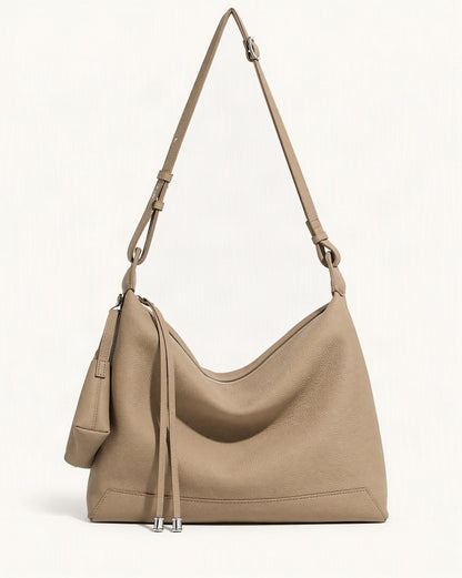 Cowhide Leather Soft Hobo Shoulder Bag — straight-on front view on a warm white background