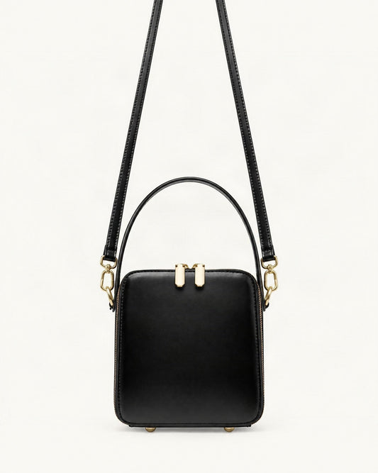Cowhide Leather Micro Box Bag Top Handle Crossbody — straight-on front view on a warm white background