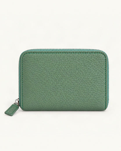 Top-Grain Cowhide Zip Wallet with RFID-Blocking Card Slots — straight-on front view on a warm white background