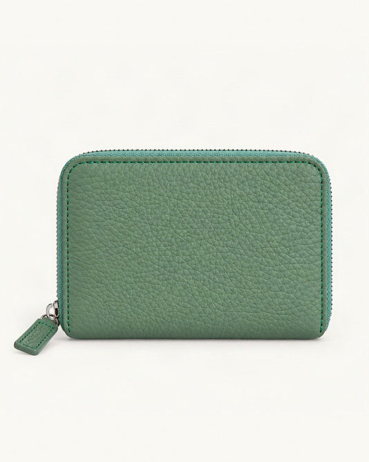 Top-Grain Cowhide Zip Wallet with RFID-Blocking Card Slots — straight-on front view on a warm white background