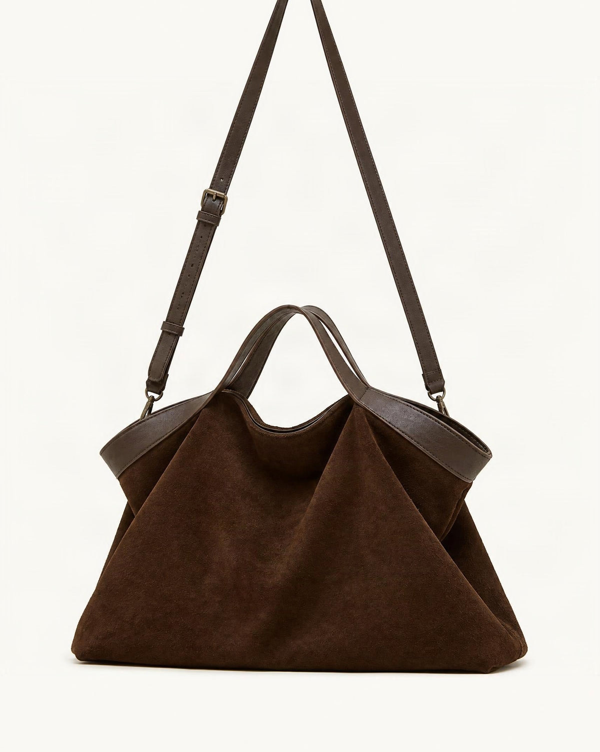 Cowhide Nubuck Leather Crossbody Tote Bag — straight-on front view on a warm white background