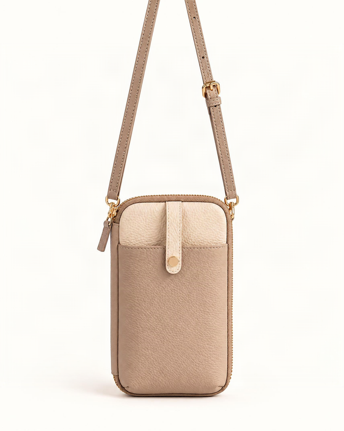 Cowhide Leather Micro Crossbody Phone Bag with Card Slots — straight-on front view on a warm white background