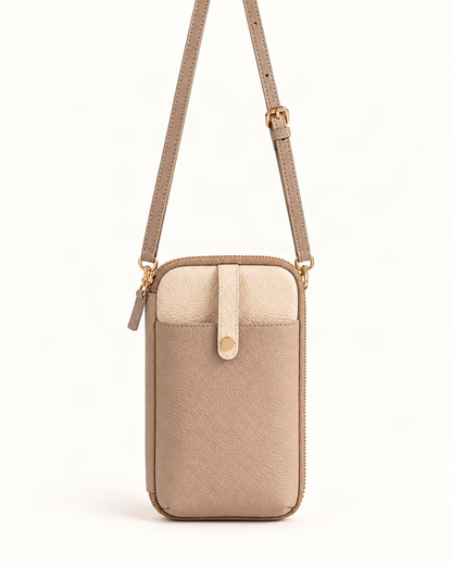 Cowhide Leather Micro Crossbody Phone Bag with Card Slots — straight-on front view on a warm white background