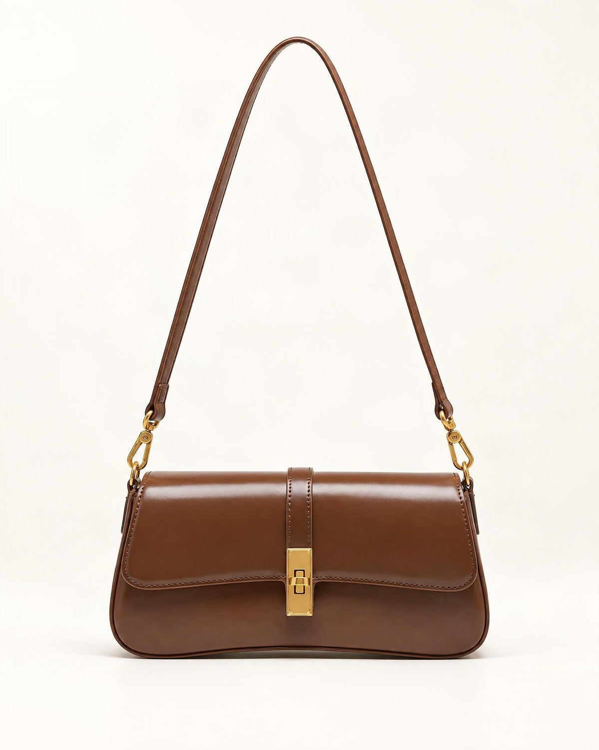 Cowhide Leather Small Shoulder Bag with Turn-Lock Closure — straight-on front view on a warm white background
