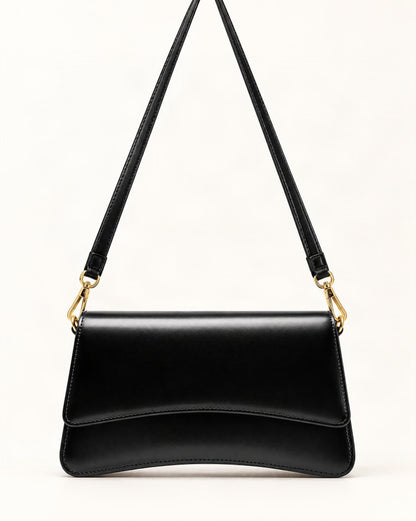 Cowhide Leather Small Shoulder Bag with Flap Closure — straight-on front view on a warm white background