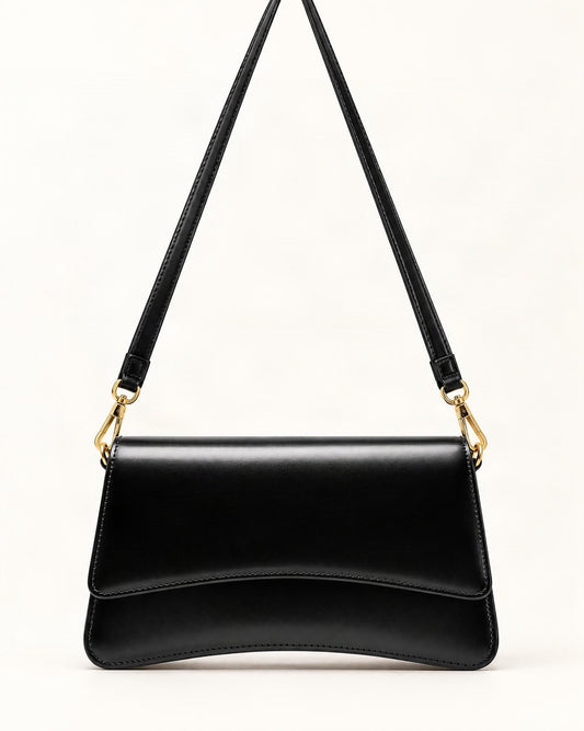 Cowhide Leather Small Shoulder Bag with Flap Closure — straight-on front view on a warm white background