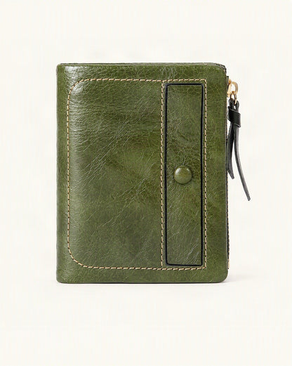 Top-Grain Cowhide Vintage Vertical Short Wallet — straight-on front view on a warm white background