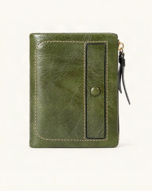 Top-Grain Cowhide Vintage Vertical Short Wallet — straight-on front view on a warm white background