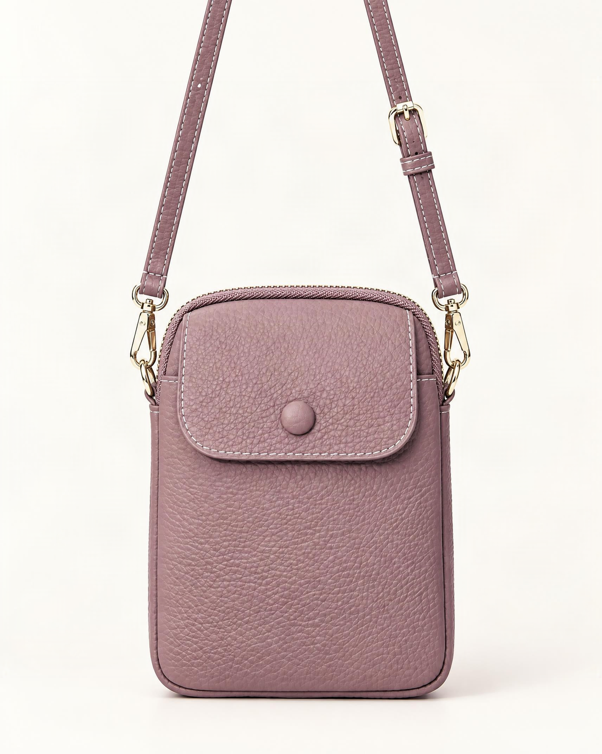 Top-Grain Cowhide Leather Micro Crossbody Phone Bag — straight-on front view on a warm white background