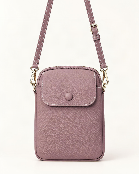 Top-Grain Cowhide Leather Micro Crossbody Phone Bag — straight-on front view on a warm white background