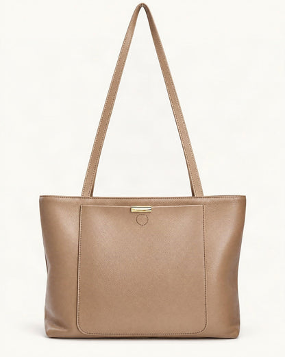 Pebbled Cowhide Leather Tote Bag — straight-on front view on a warm white background