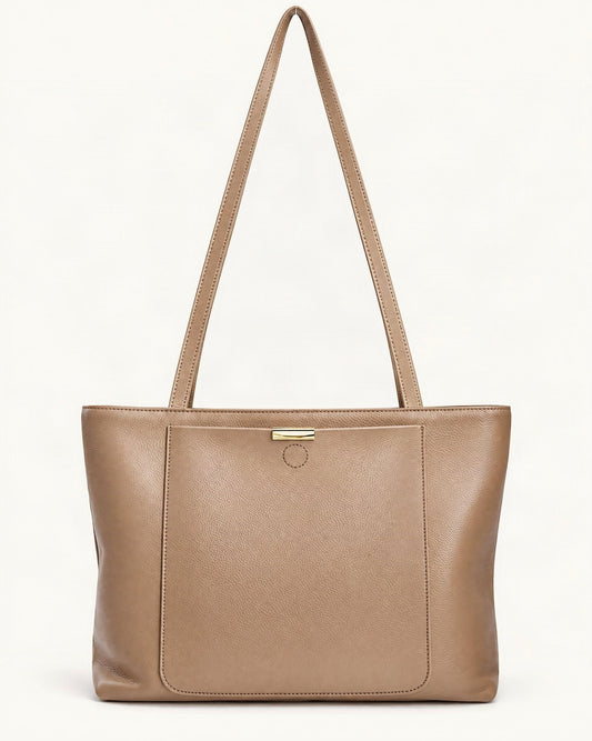 Pebbled Cowhide Leather Tote Bag — straight-on front view on a warm white background