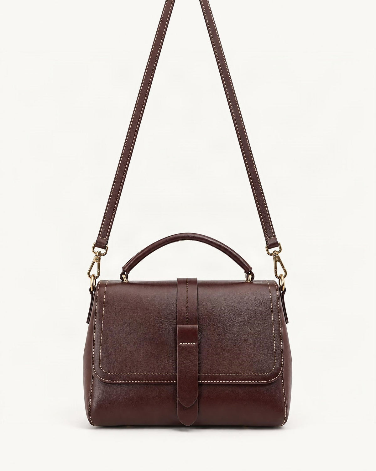 Cowhide Leather Small Boston Crossbody Bag with Top Handle — straight-on front view on a warm white background