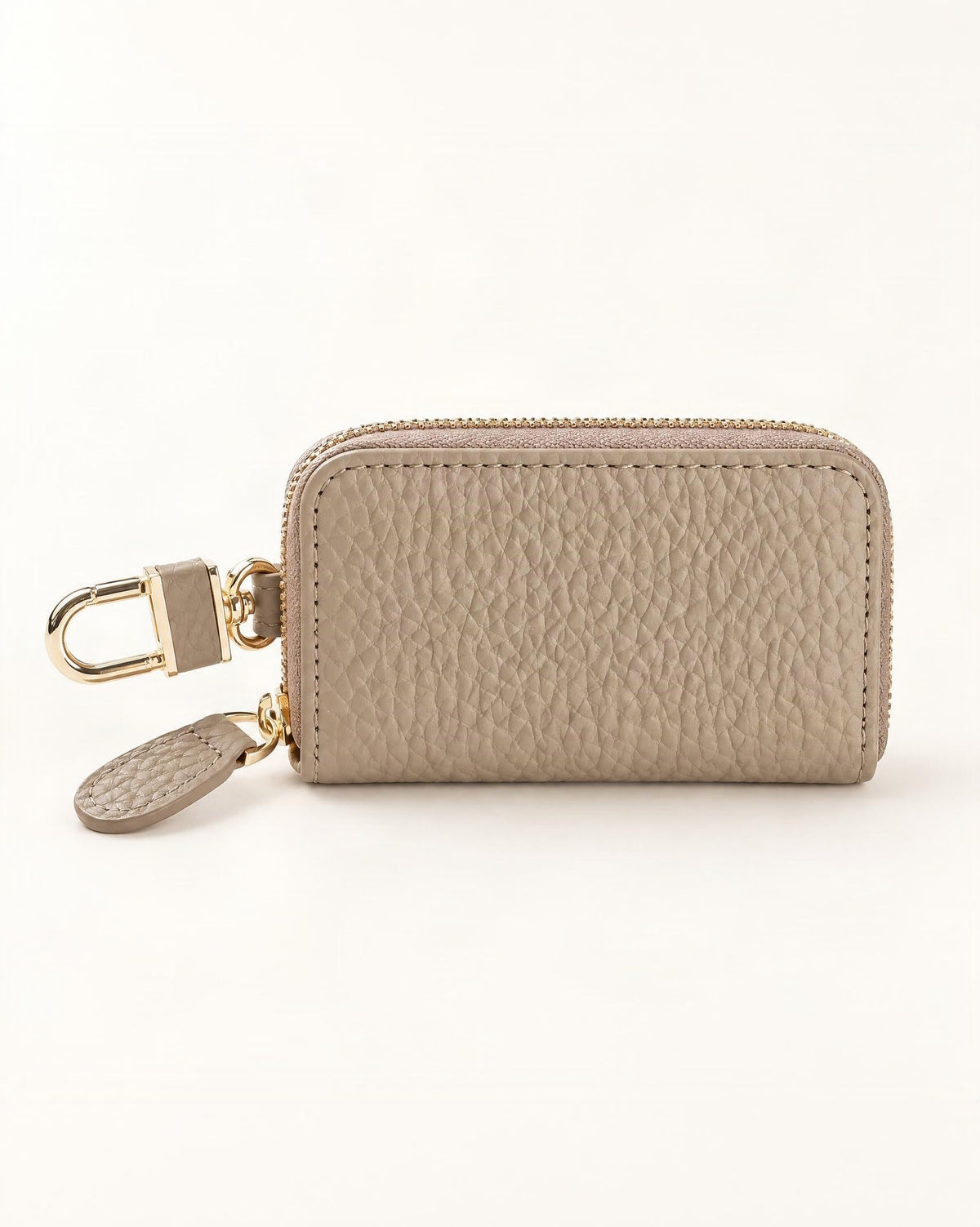 Genuine Leather Zip-Around Key Pouch with Carabiner Clip — straight-on front view on a warm white background