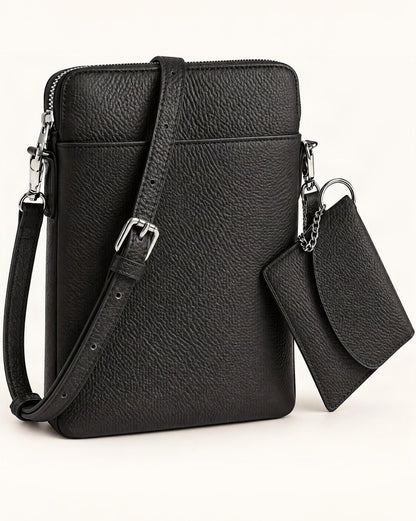 Top-Grain Cowhide Leather Mini Crossbody Phone Bag — front three-quarter view on a warm white background