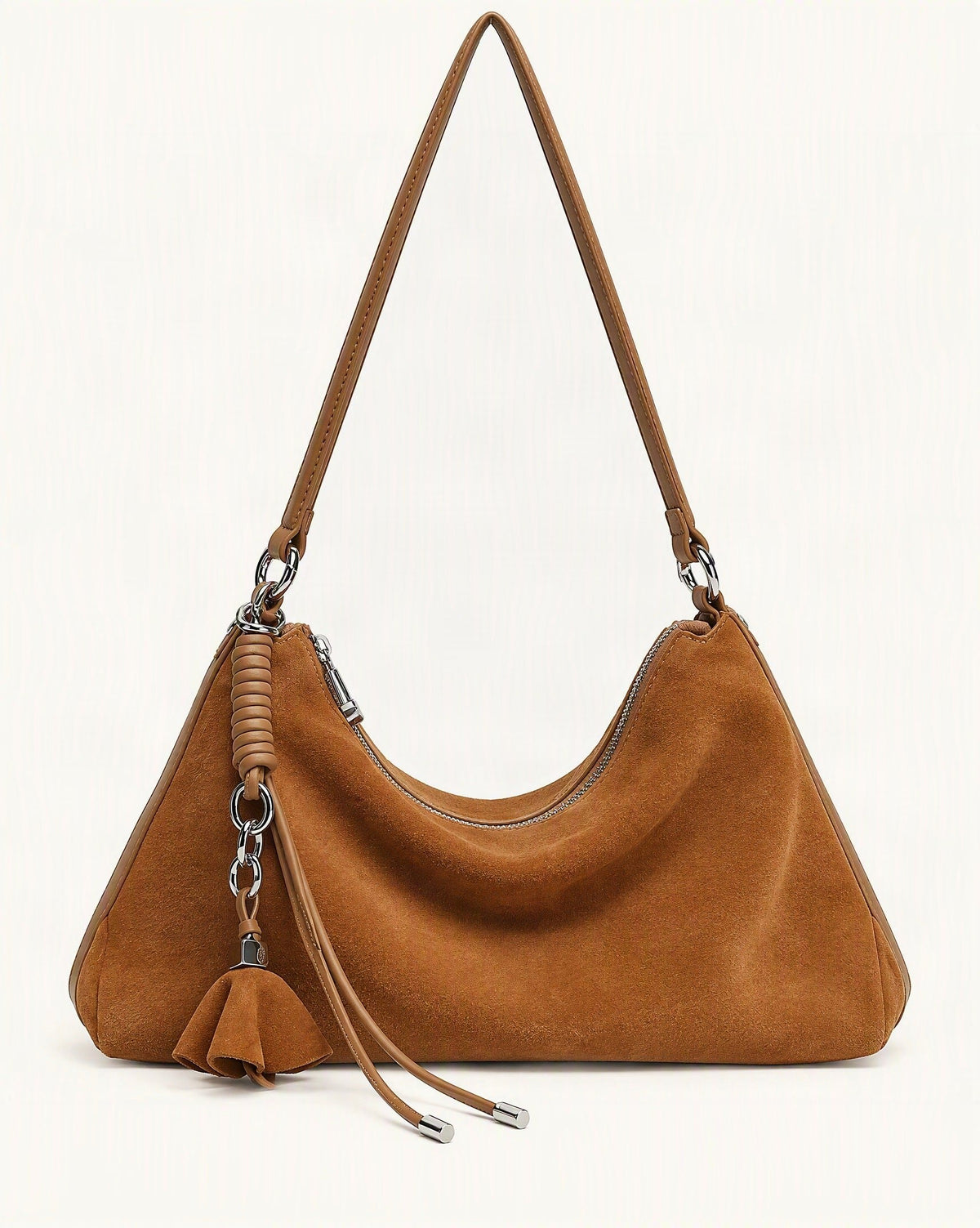 Nubuck Cowhide Underarm Tote Bag with Tassel — straight-on front view on a warm white background