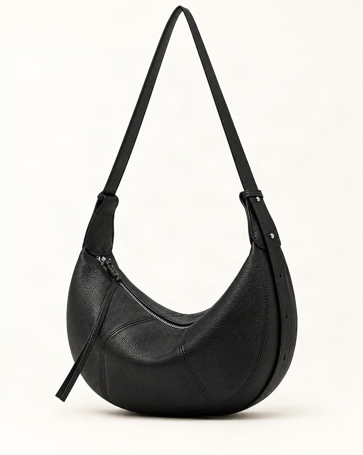 Cowhide Leather Crescent Hobo Crossbody Bag — straight-on front view on a warm white background
