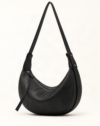 Cowhide Leather Crescent Hobo Crossbody Bag — straight-on front view on a warm white background