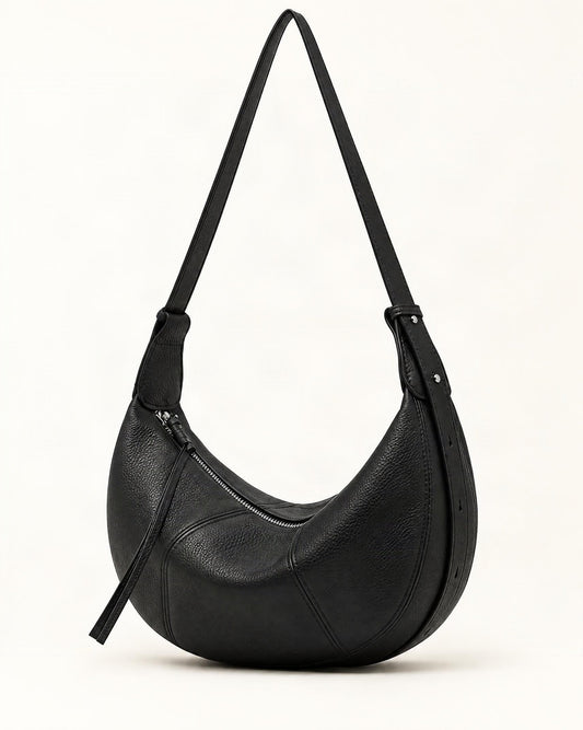 Cowhide Leather Crescent Hobo Crossbody Bag — straight-on front view on a warm white background