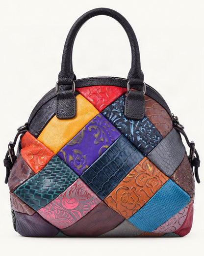 Top-Grain Cowhide Patchwork Shoulder Bag — straight-on front view on a warm white background