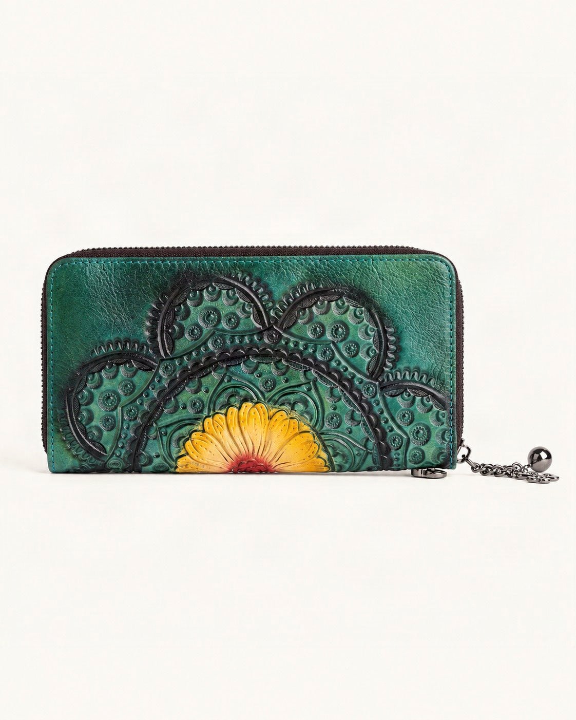 Top-Grain Cowhide Zip-Around Wallet with Floral Embossing — straight-on front view on a warm white background